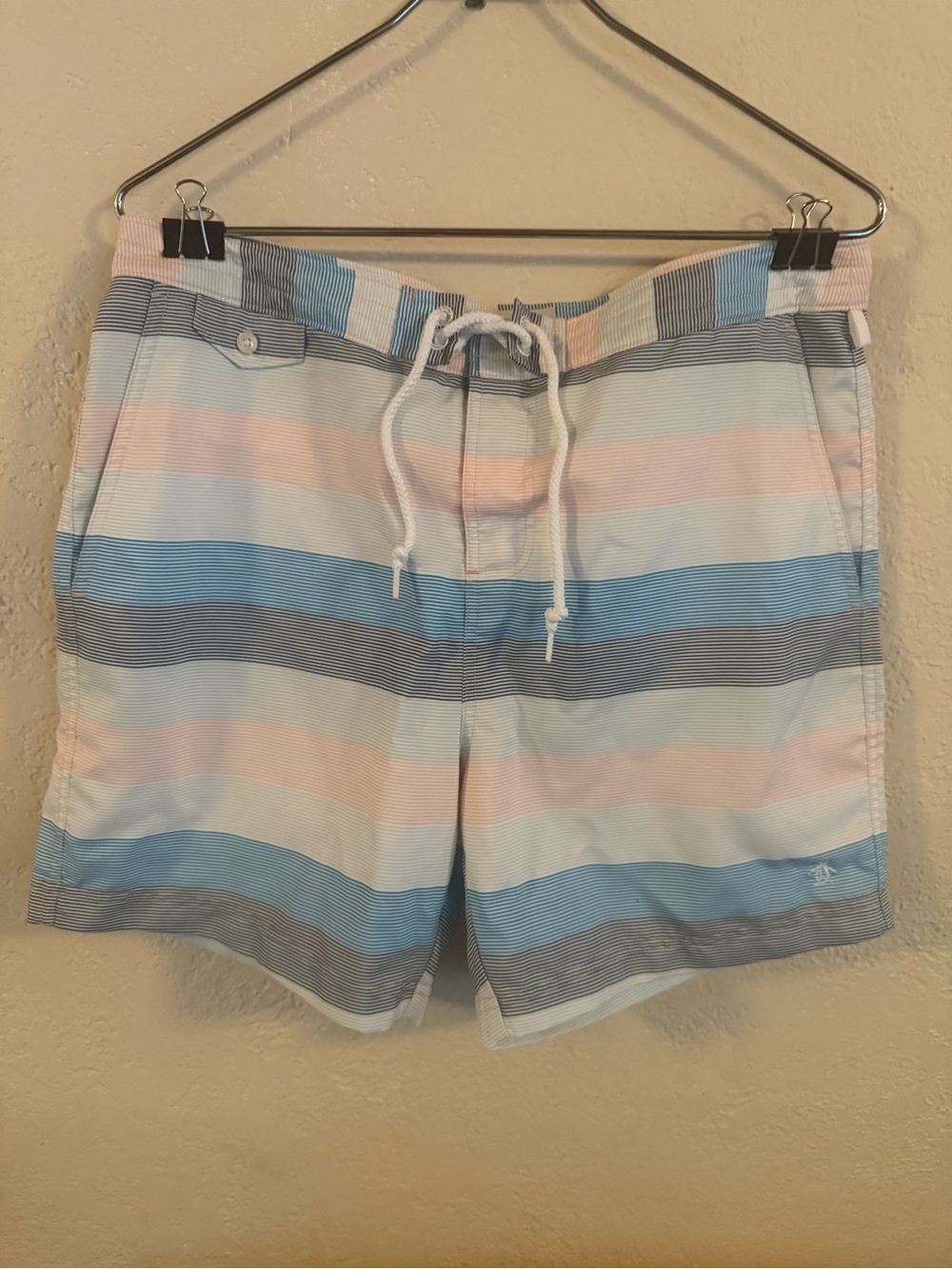 Men's Penguin Pastel Striped Swim Trunks - Blue, Pink, Gray